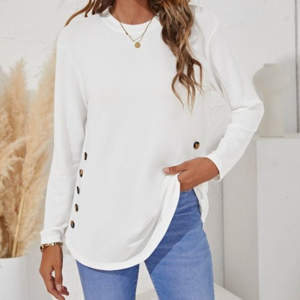 White Button-Accent Long-Sleeve Crewneck Tee